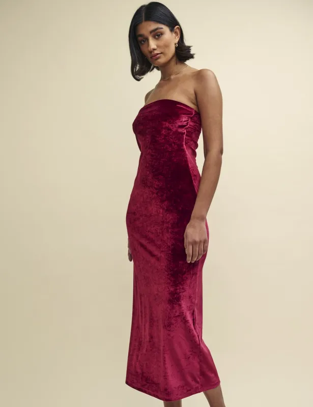 Burgundy Velvet Bandeau Midaxi Dress sold by Nobody's Child