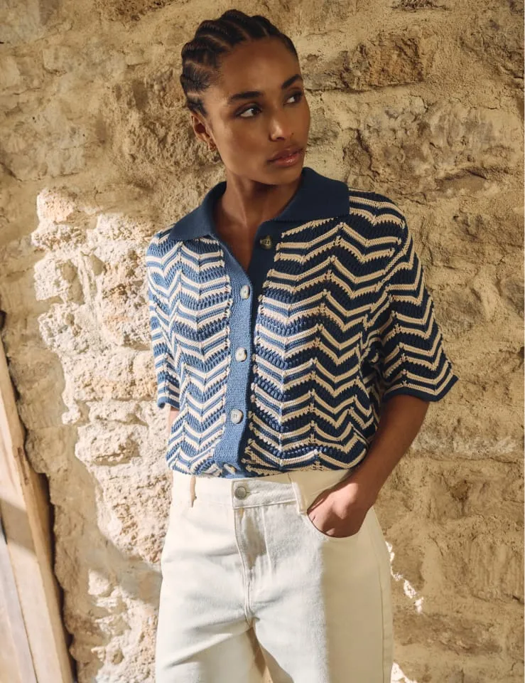 Blue Wavy Stripe Short Sleeve Cardigan sold by Nobody's Child