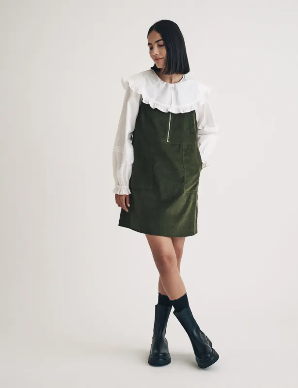 Khaki Cord Homerton Mini Pinafore Dress sold by Nobody's Child