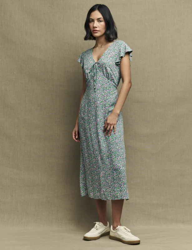 Green Pansie Print Lily Midi Tea Dress sold by Nobody's Child