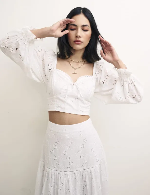 White Broderie Balloon Sleeve Sweetheart Josie Top sold by Nobody's Child