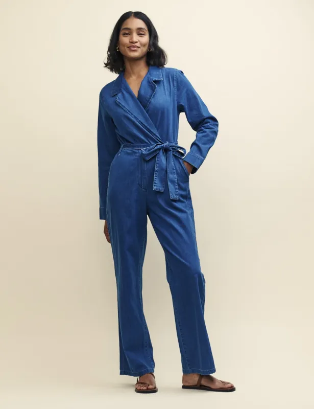 Denim Collared Tie Waist Jumpsuit sold by Nobody's Child