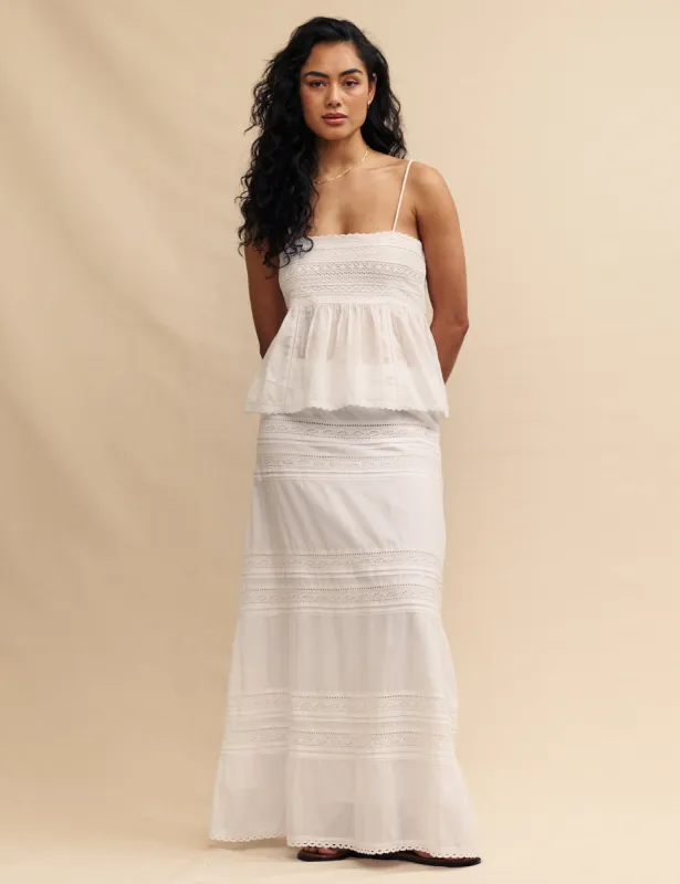 White Tiered Augusta Maxi Skirt sold by Nobody's Child