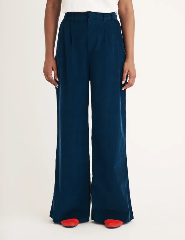 Navy Cord Pleated Wide Leg Trousers sold by Nobody's Child