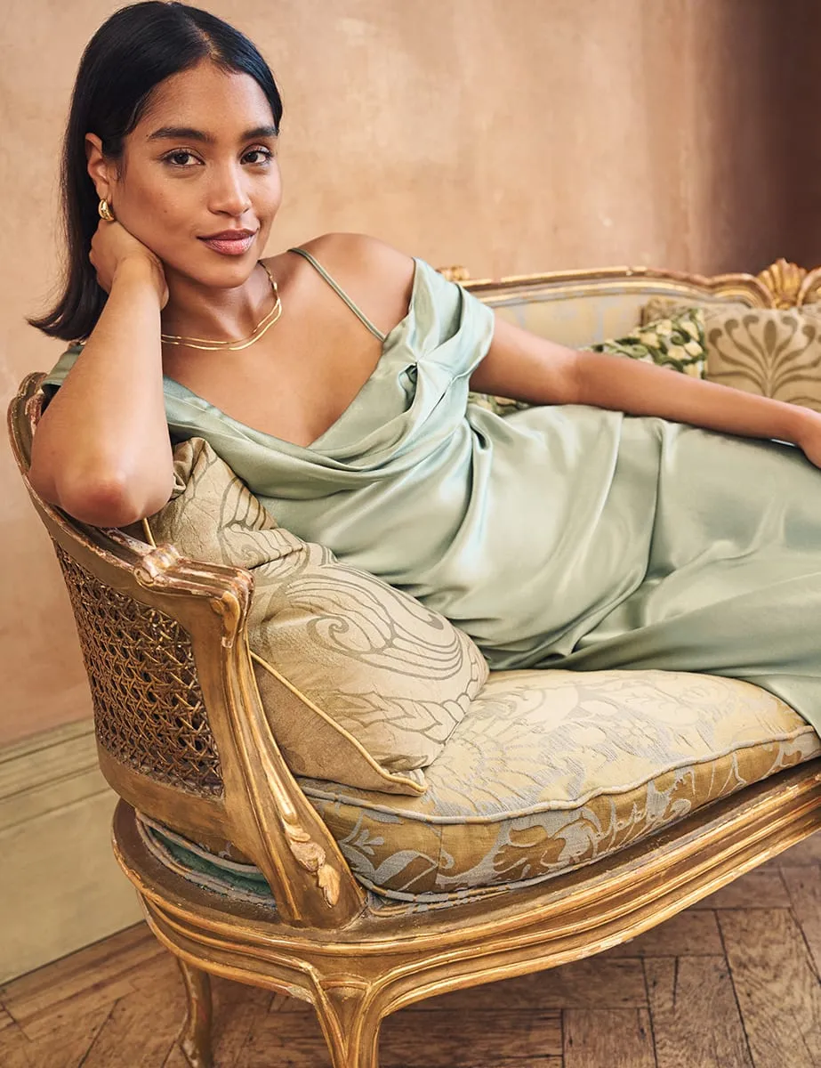Sage Green Satin Bardot Gaia Bridesmaid Maxi Dress sold by Nobody's Child product image thumbnail 3