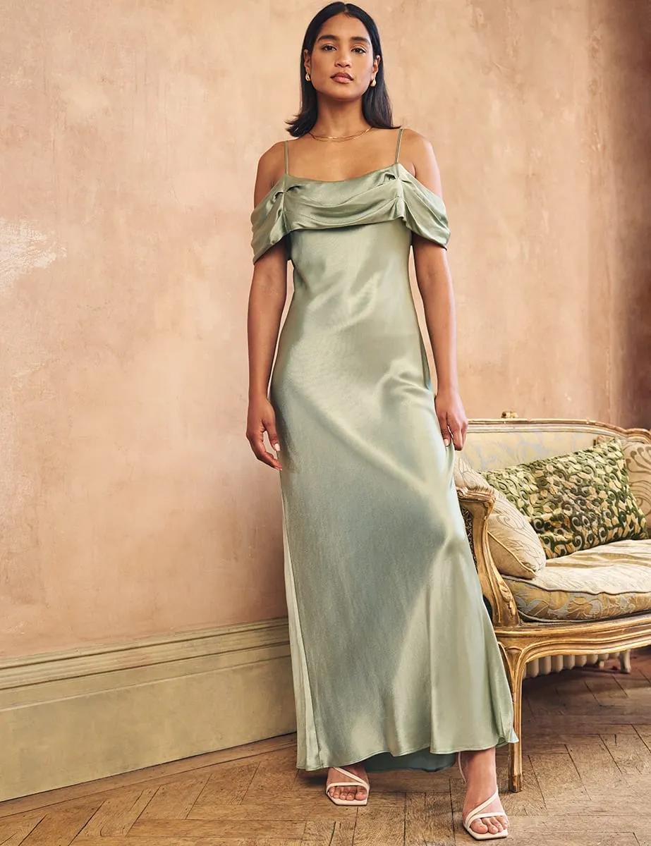 Sage Green Satin Bardot Gaia Bridesmaid Maxi Dress sold by Nobody's Child