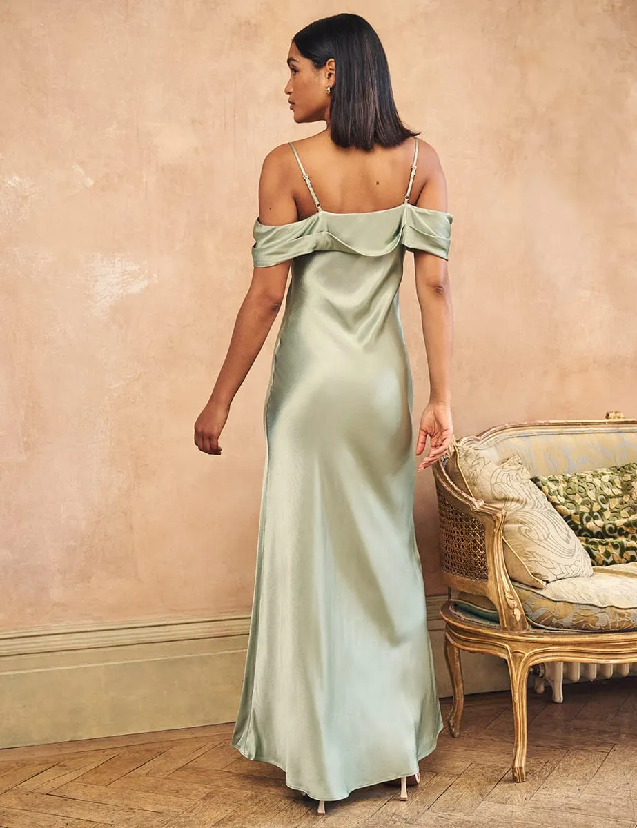 Sage Green Satin Bardot Gaia Bridesmaid Maxi Dress sold by Nobody's Child product image thumbnail 4