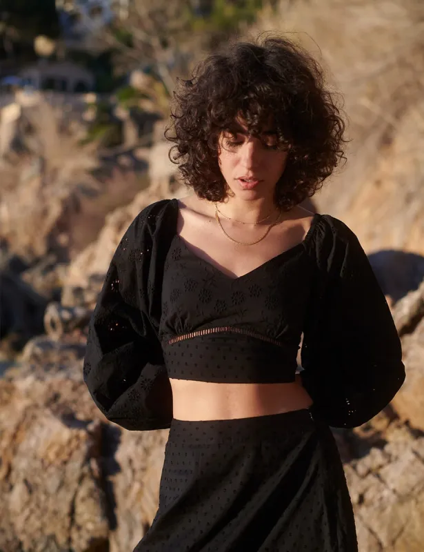 Black Cropped Broderie Balloon Sleeve Top sold by Nobody's Child