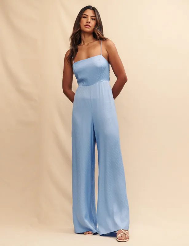 Blue Satin Jacquard Maddy Jumpsuit sold by Nobody's Child