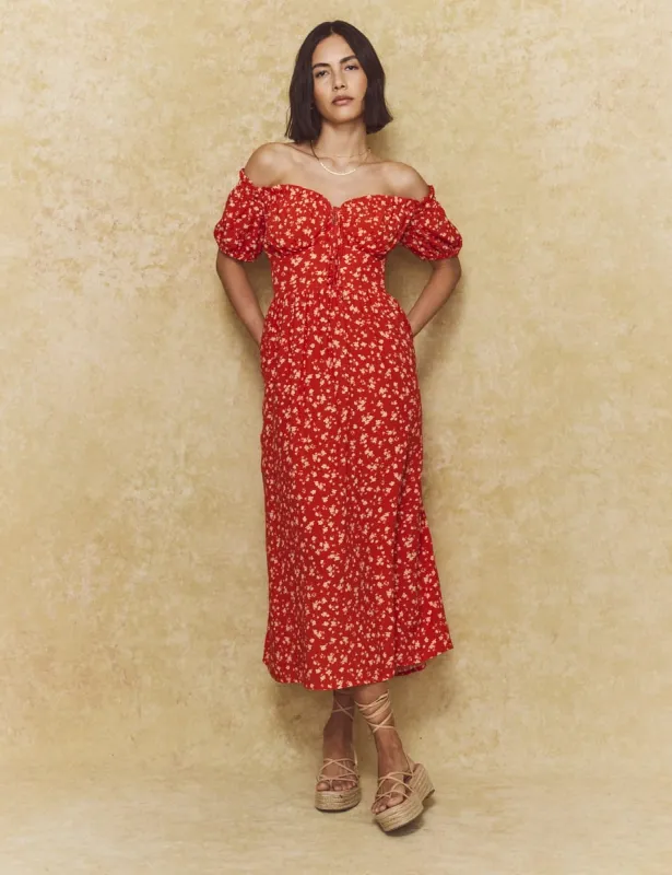 Red Ditsy Floral Bardot Genevieve Midi Dress sold by Nobody's Child