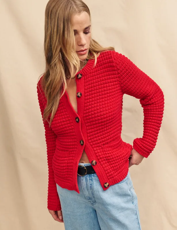 Red Textured Knitted Cardigan sold by Nobody's Child