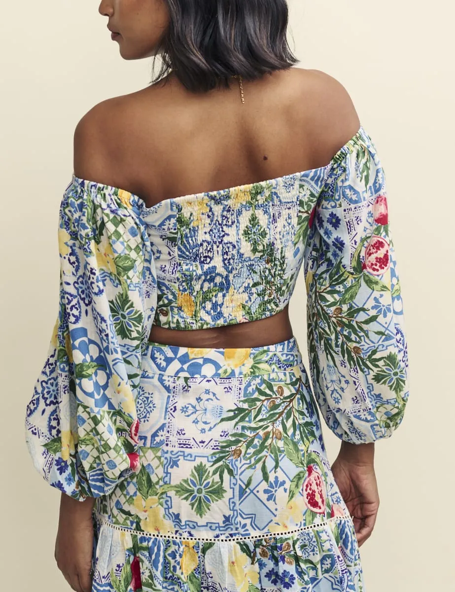 Blue Floral Tile Print Bardot Crop Top sold by Nobody's Child product image thumbnail 4