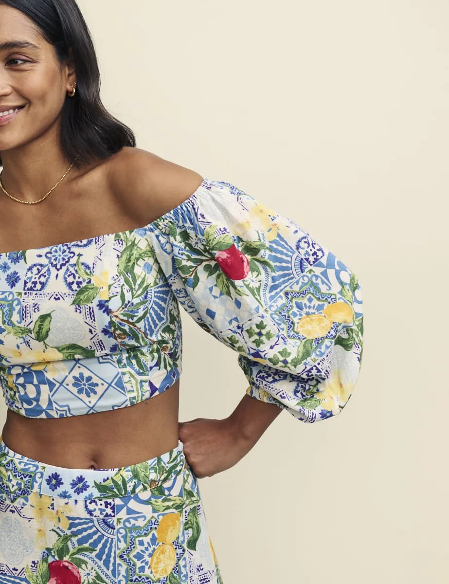 Blue Floral Tile Print Bardot Crop Top sold by Nobody's Child product image thumbnail 3