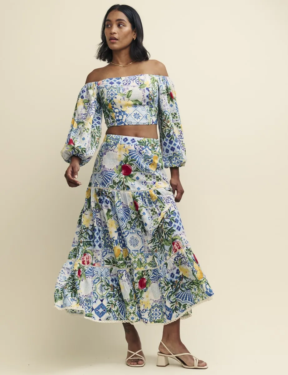 Blue Floral Tile Print Bardot Crop Top sold by Nobody's Child product image thumbnail 2