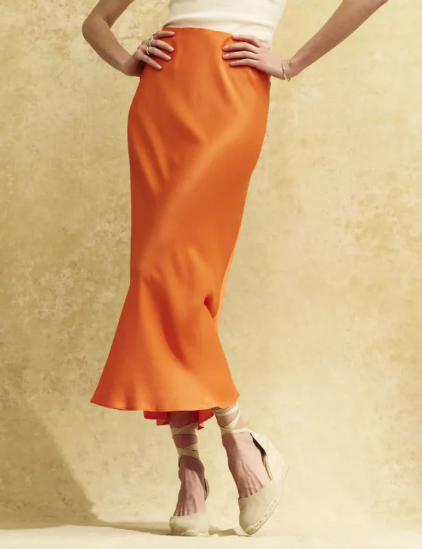 Orange Satin Slip Mila Midi Skirt sold by Nobody's Child