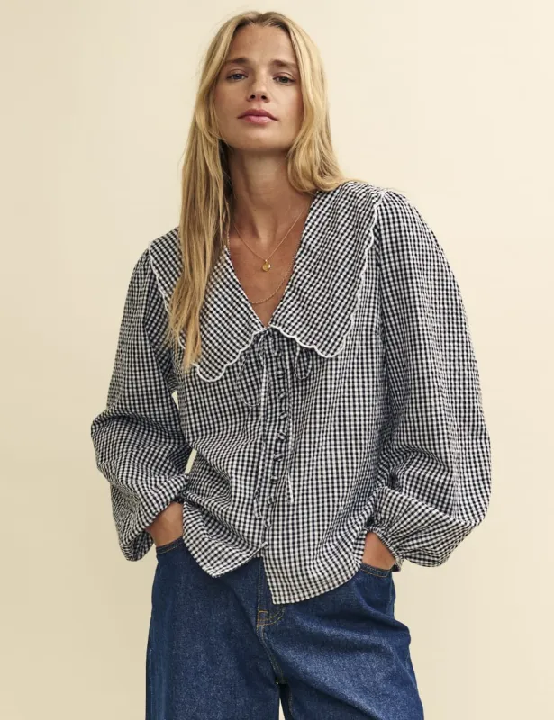 Black Gingham Peter Pan Collar Long Sleeve Blouse sold by Nobody's Child