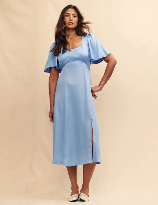 Blue Satin Jacquard Dee Dee Midi Dress sold by Nobody's Child