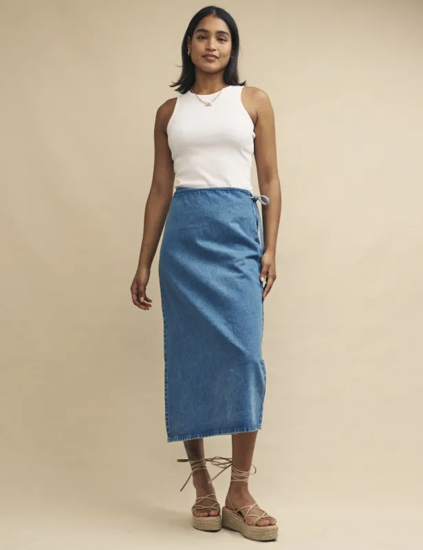 Denim Light Wash Wrap Midi Skirt sold by Nobody's Child