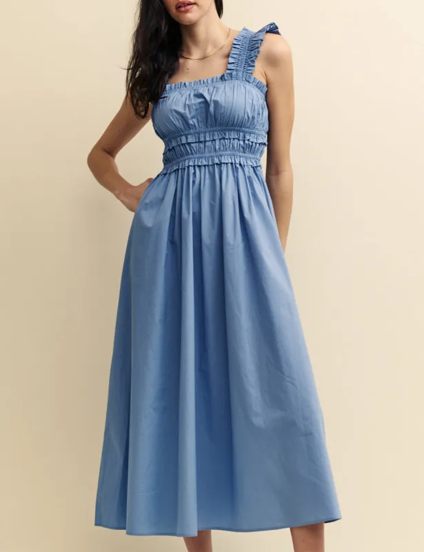 Blue Shirred Ruffle Trim Lennie Midi Dress sold by Nobody's Child