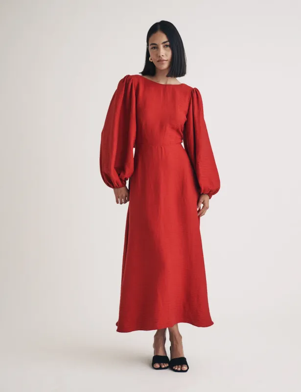Red Puff Sleeve Zola Midi Dress sold by Nobody's Child
