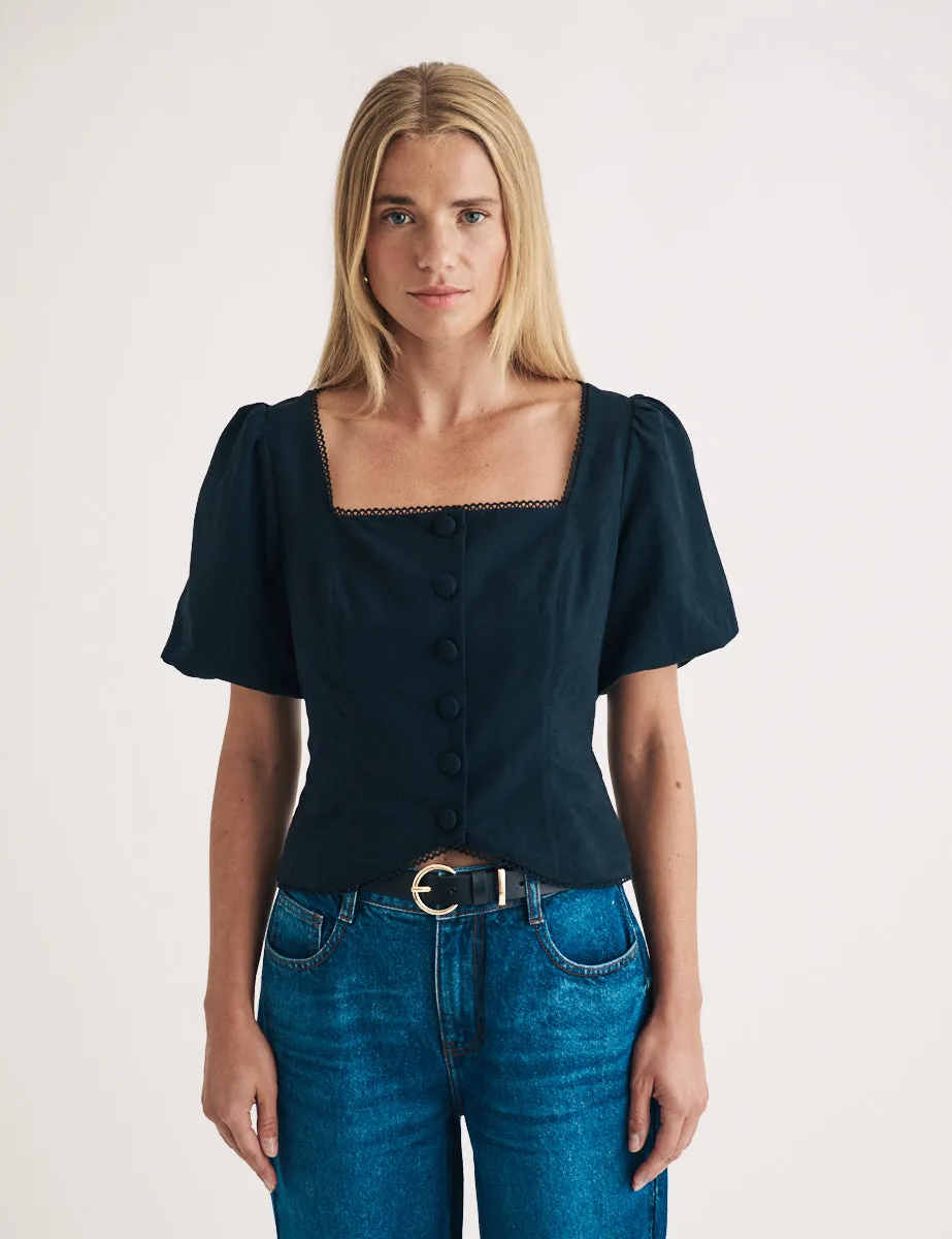 Black Puff Sleeve Button Down Top sold by Nobody's Child