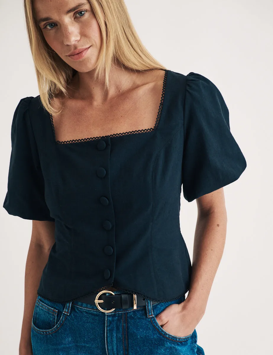 Black Puff Sleeve Button Down Top sold by Nobody's Child product image thumbnail 3