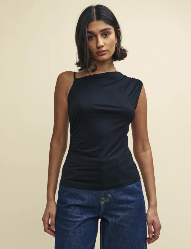 Black Asymmetric Sleeveless Top sold by Nobody's Child