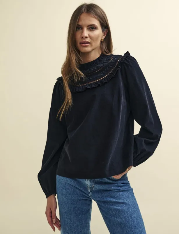 Black Cord Embroidered Frill Collar Blouse sold by Nobody's Child