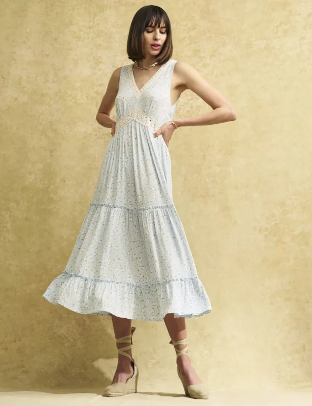 Blue Floral Lace Trim Stephie Midi Dress sold by Nobody's Child