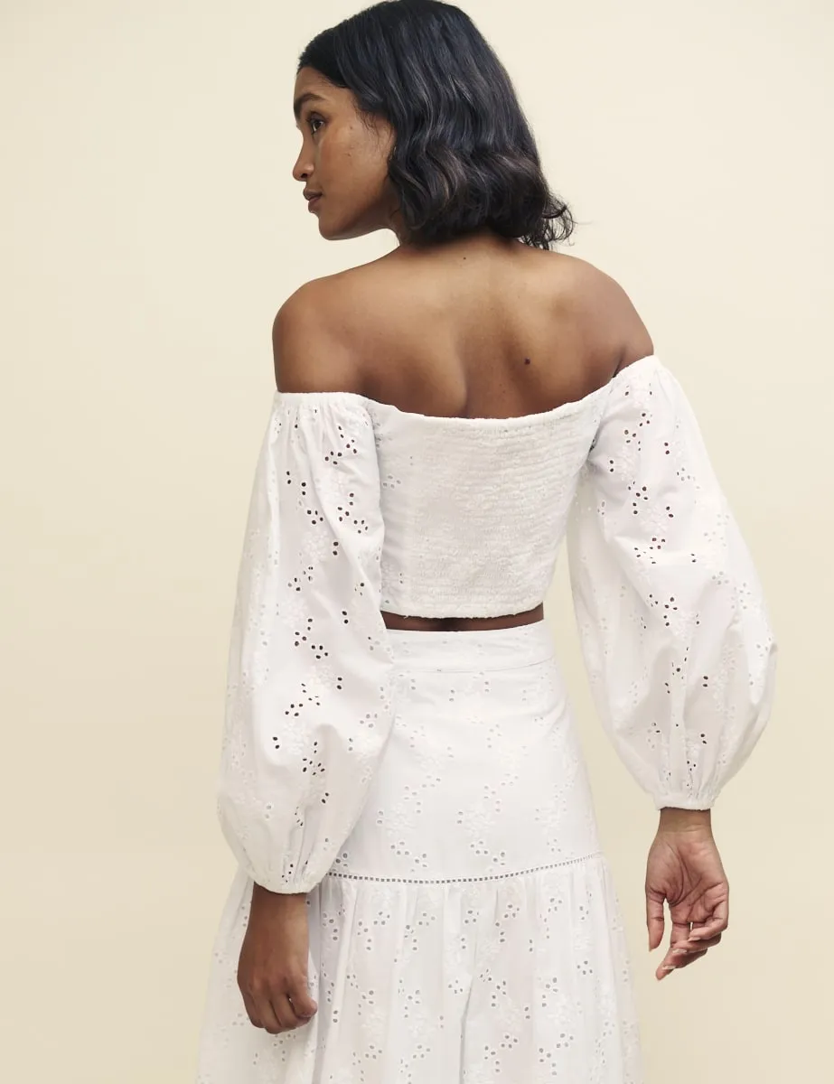 White Long Sleeve Broderie Bardot Top sold by Nobody's Child product image thumbnail 4