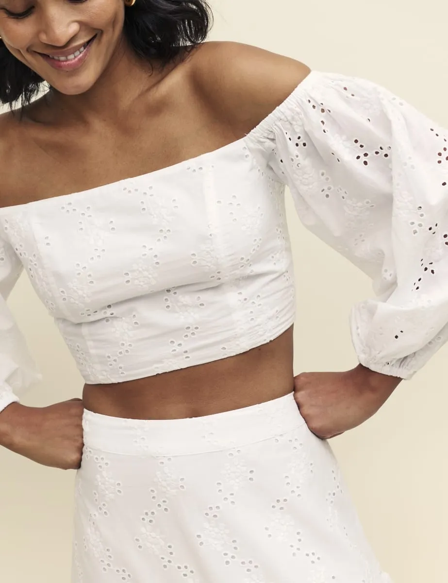 White Long Sleeve Broderie Bardot Top sold by Nobody's Child product image thumbnail 3