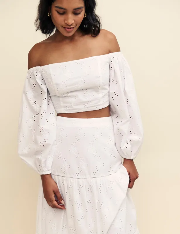 White Long Sleeve Broderie Bardot Top sold by Nobody's Child