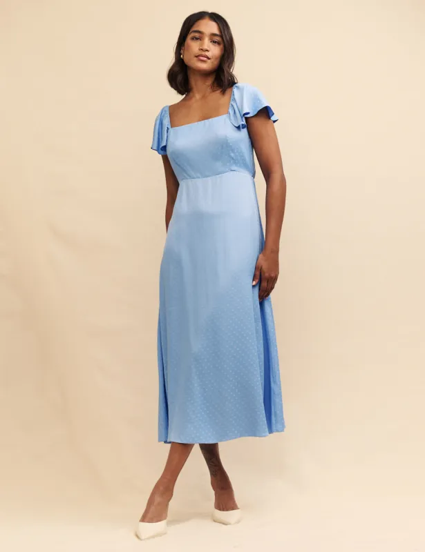 Blue Satin jacquard Elsie Midi Dress sold by Nobody's Child
