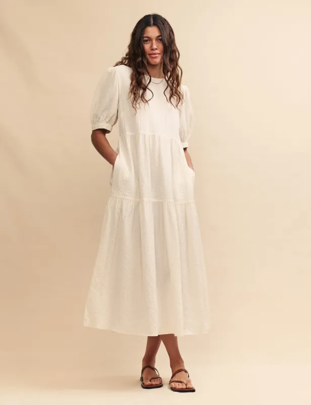 White Rochelle Midi Smock Dress sold by Nobody's Child