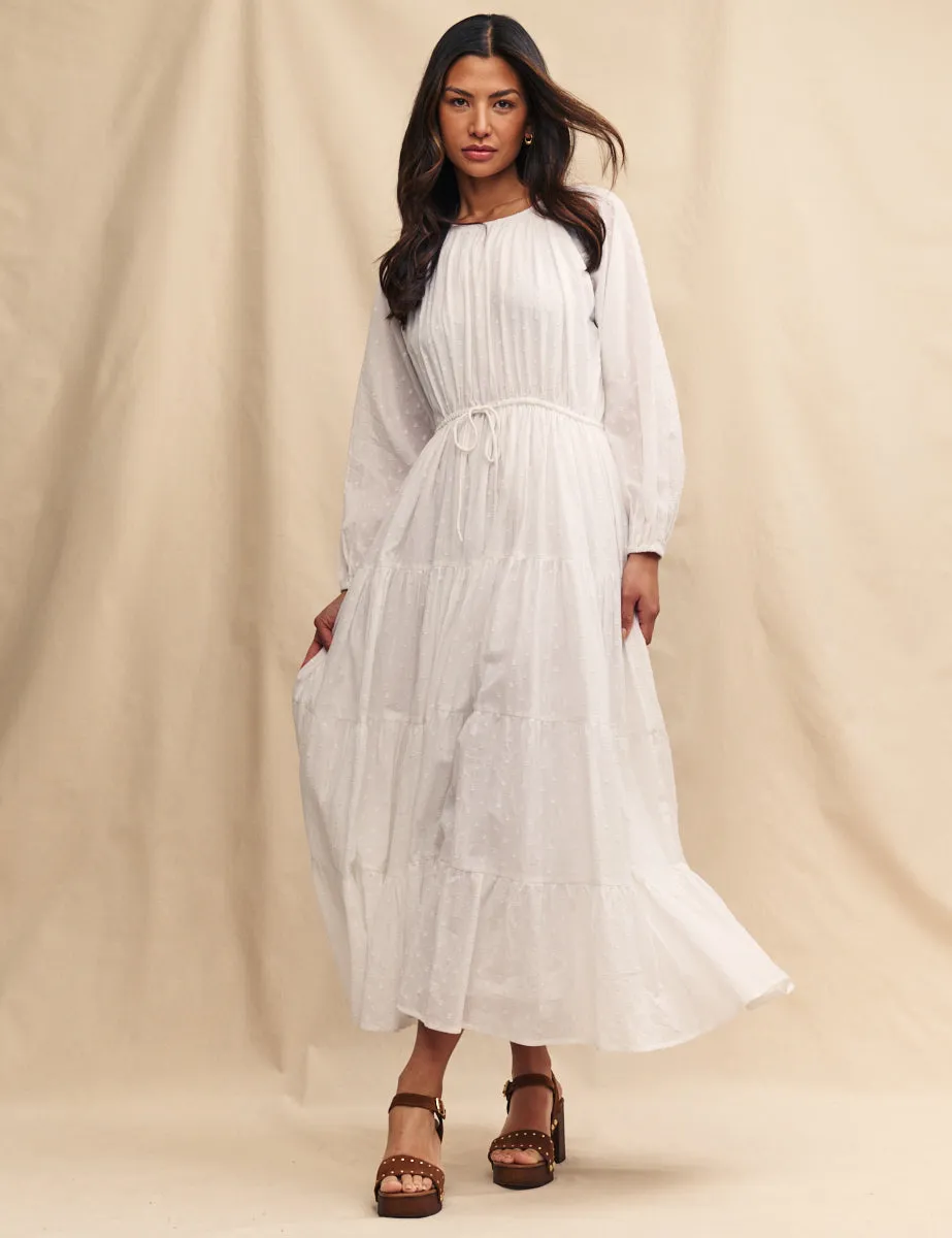 White Embroidered Tie Waist Aarti Smock Maxi Dress sold by Nobody's Child