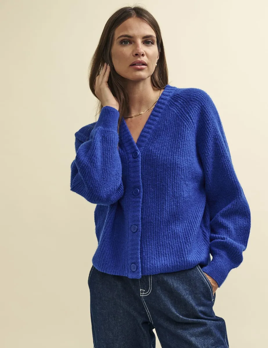 Blue Rib Knit V-Neck Button-Up Cardigan sold by Nobody's Child product image thumbnail 3