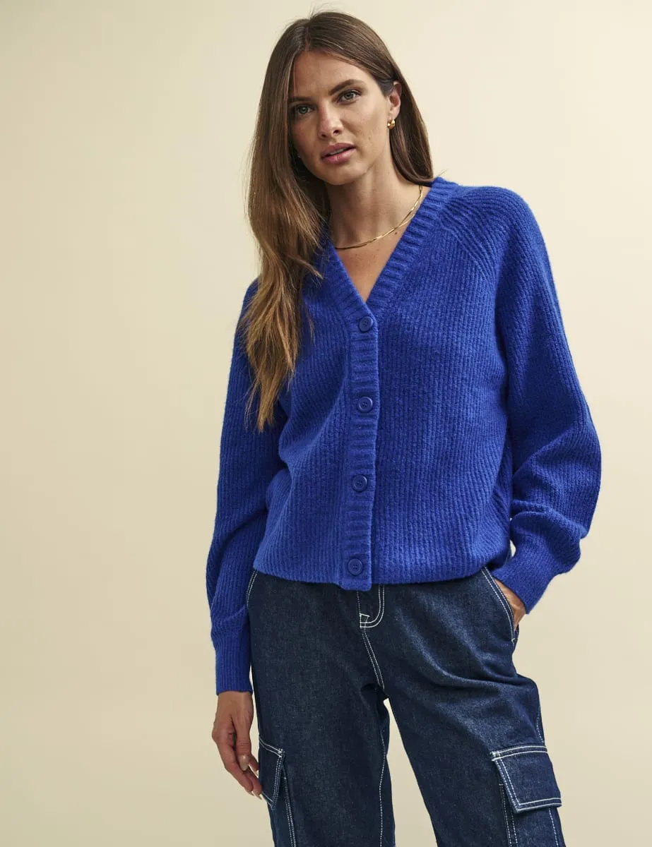 Blue Rib Knit V-Neck Button-Up Cardigan sold by Nobody's Child product image thumbnail 4