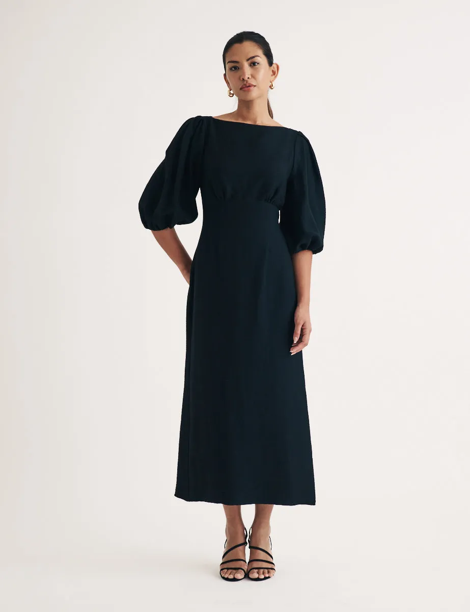 Black Puff Sleeve Hannah Midi Dress sold by Nobody's Child