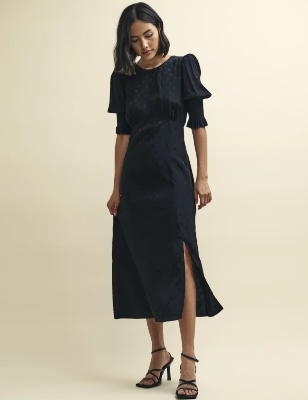 Black Satin Jacquard Luna Midi Dress sold by Nobody's Child