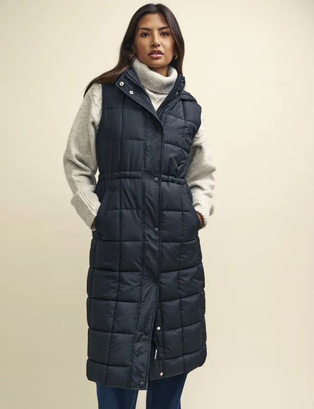 Black Long Line Puffer Gilet sold by Nobody's Child