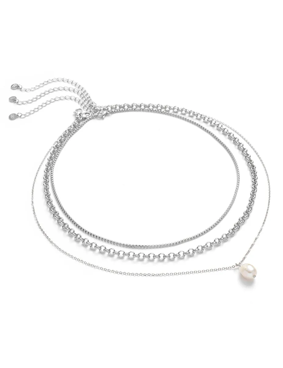 Silver Pearl Drop Triple Chain Necklace sold by Nobody's Child product image thumbnail 2