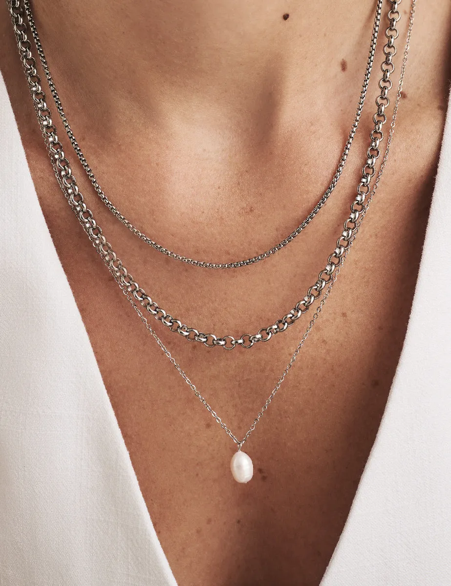 Silver Pearl Drop Triple Chain Necklace sold by Nobody's Child