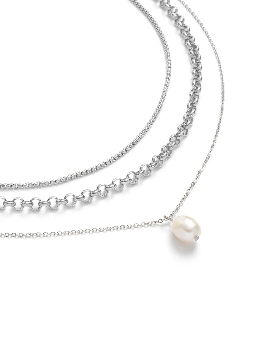 Silver Pearl Drop Triple Chain Necklace sold by Nobody's Child product image thumbnail 3