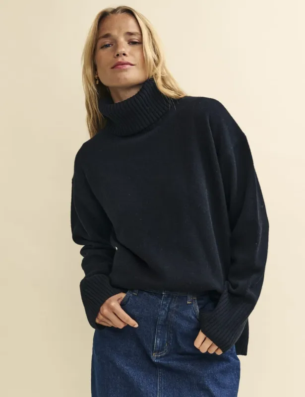 Black Oversized Roll Neck Merino Wool Jumper sold by Nobody's Child