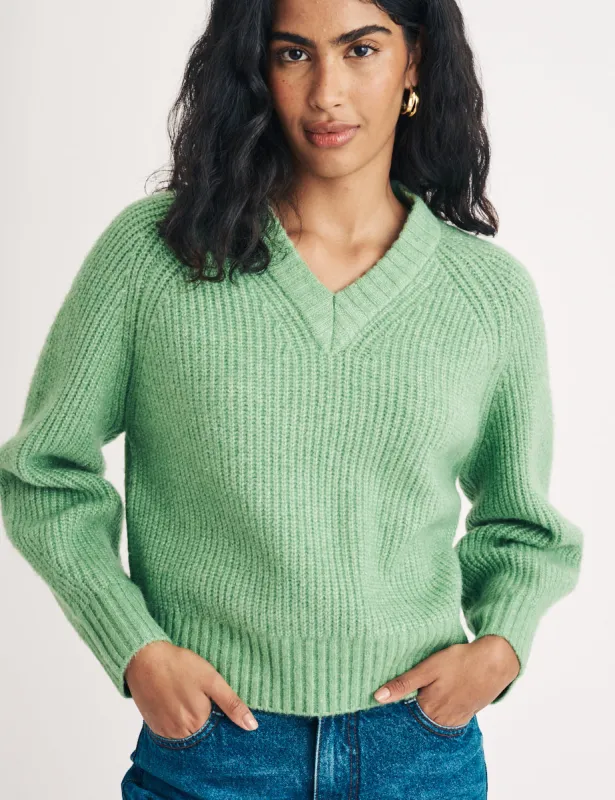 Green V-neck Wool Blend Knitted Jumper sold by Nobody's Child