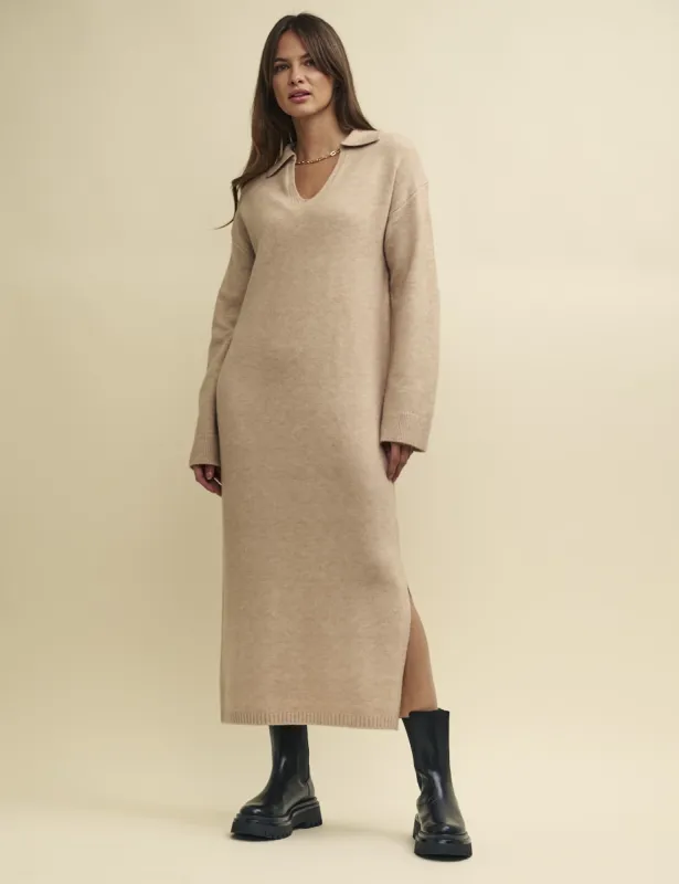 Beige Open Collar Knitted Jumper Midi Dress sold by Nobody's Child