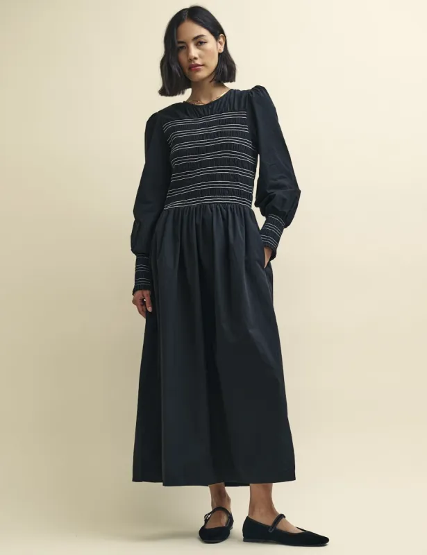 Black with White Stitching Marie Prairie Midi Dress sold by Nobody's Child