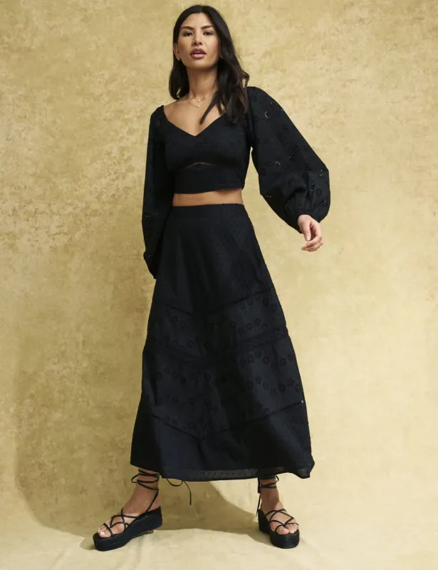 Black Broderie Olympia Midi Skirt sold by Nobody's Child
