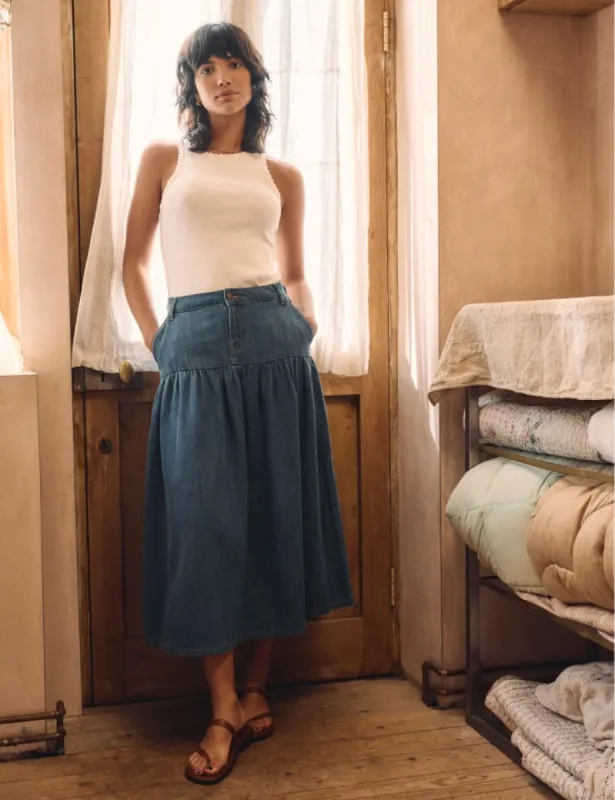 Denim Mid Wash Tiered Midi Skirt sold by Nobody's Child