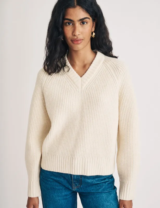 Cream V-neck Wool Blend Knitted Jumper sold by Nobody's Child